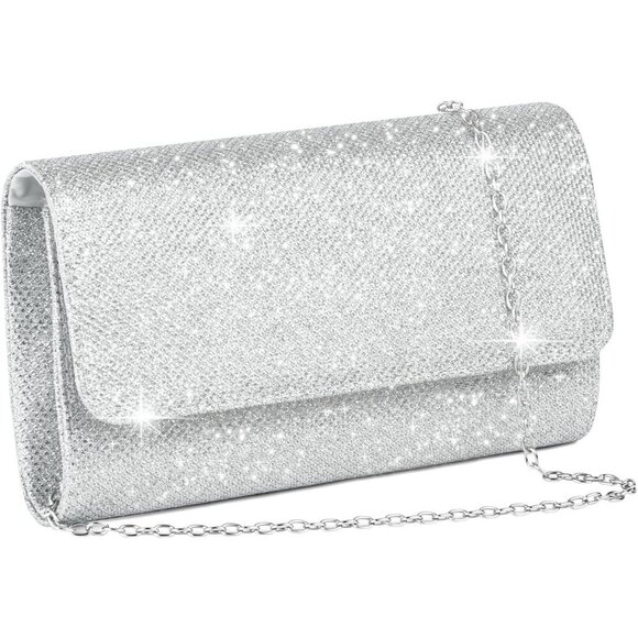 Shiny Silver Clutch Purse for Women, Evening Shoulder Bag for Wedding & Party - Picture 8 of 9